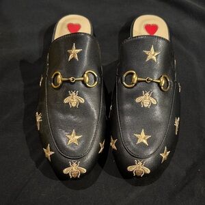 Gucci Black Leather Horsebit Mules with Gold Bee & Star Embroidery